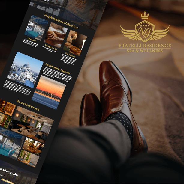 Elegant brochure design for Fratelli Residence Spa & Wellness in Belgrade, featuring luxury branding, gold accents, and high-end visual storytelling.