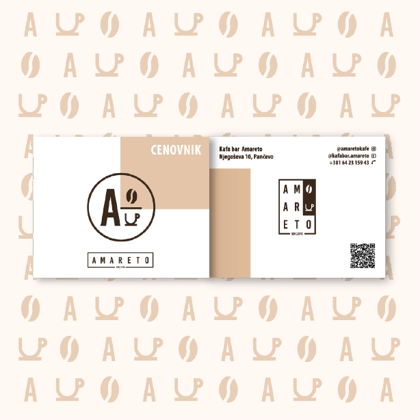 Minimalist coffee shop menu design for Amareto Café in Pančevo, featuring modern typography, coffee bean icon, and beige color palette.